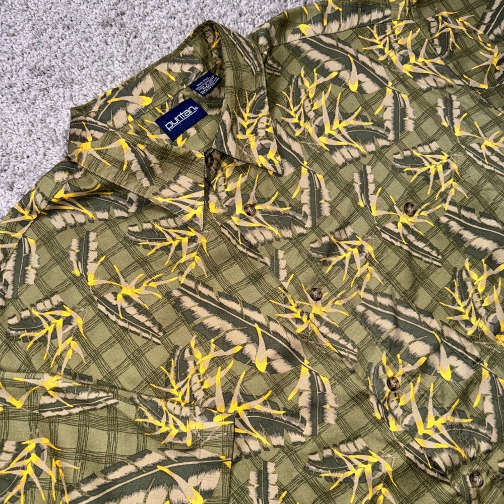 Puritan Button Up Shirt Mens Tropical Leaf Plaid Olive Green 2XL EXCELLENT